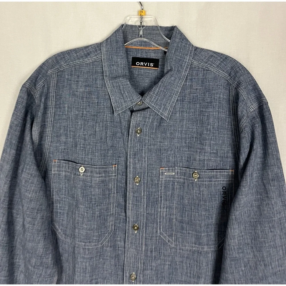 Orvis Button Front Men's Size L Heather Blue Active Outdoor Hiking Long Sleeve